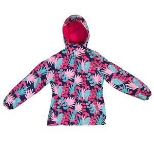 Girls Tropical Floral Hooded Rain Jacket Navy Pink Teal Size 12 Heart Zip